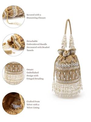 dewdrop fringe camel brown & pearl white ornate embellished velvet potli 3