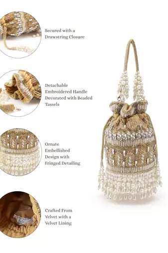 dewdrop fringe camel brown & pearl white ornate embellished velvet potli