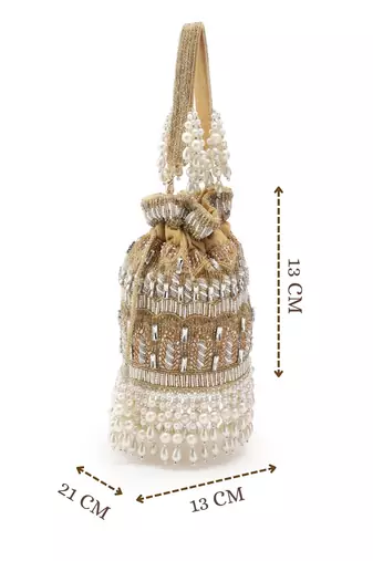 dewdrop fringe camel brown & pearl white ornate embellished velvet potli