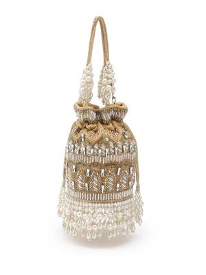 dewdrop fringe camel brown & pearl white ornate embellished velvet potli 5