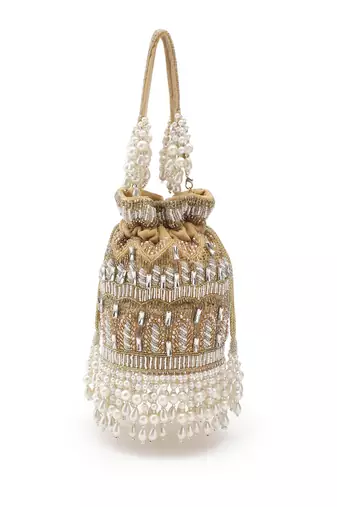 dewdrop fringe camel brown & pearl white ornate embellished velvet potli