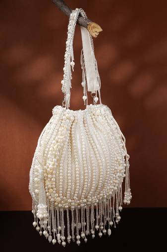 opal thread crystal white pearl beaded faux silk potli