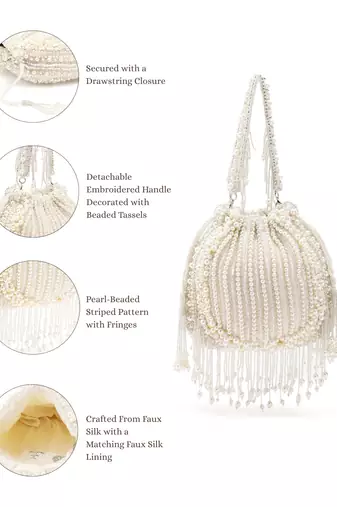 opal thread crystal white pearl beaded faux silk potli
