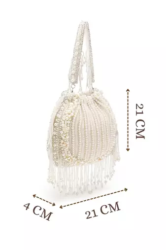 opal thread crystal white pearl beaded faux silk potli