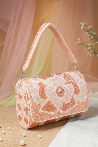 blush & bead pink & pearl white floral crystal beaded velvet clutch