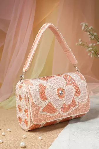 blush & bead pink & pearl white floral crystal beaded velvet clutch
