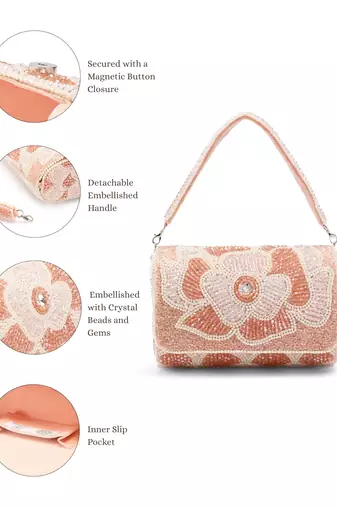 blush & bead pink & pearl white floral crystal beaded velvet clutch