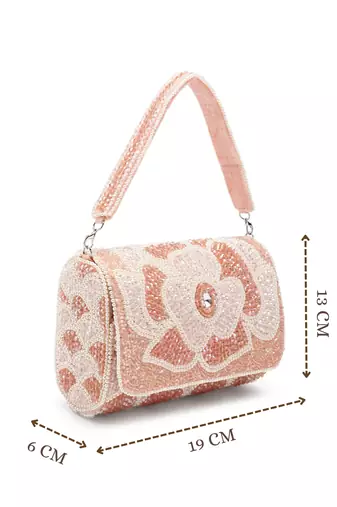 blush & bead pink & pearl white floral crystal beaded velvet clutch