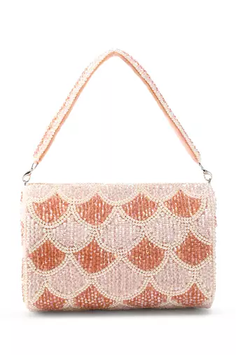 blush & bead pink & pearl white floral crystal beaded velvet clutch