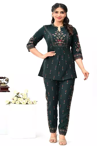 Green printed & handwork kurti pant set