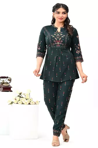 Green printed & handwork kurti pant set