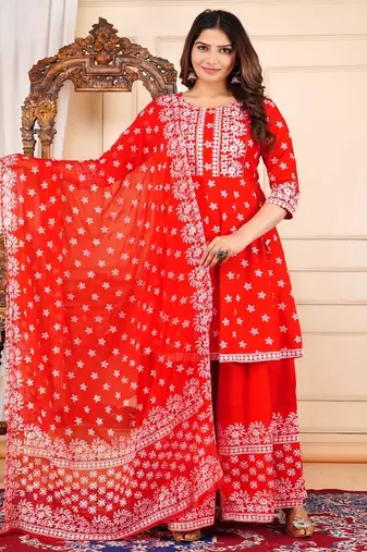 Red printed & handwork kurti, palazzo & dupatta set