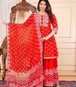 Red printed & handwork kurti, palazzo & dupatta set