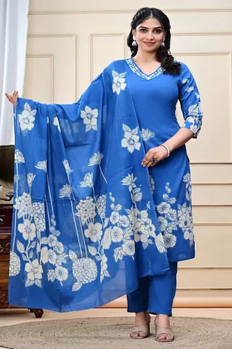 Sky blue printed & handwork kurta, pant & dupatta set