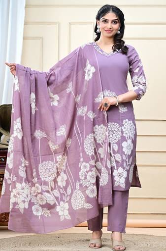 Lavender printed & handwork kurta, pant & dupatta set