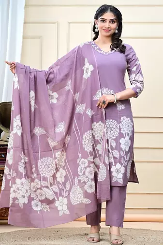 Lavender printed & handwork kurta, pant & dupatta set
