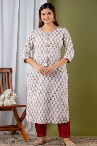 White printed & handwork kurta, pant  set