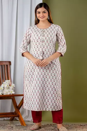 White printed & handwork kurta, pant  set