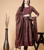 Maroon printed & handwork kurta pant & dupatta set