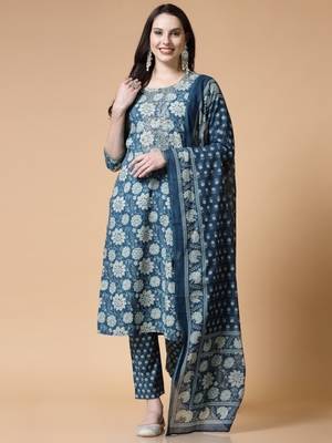 Blue printed & handwork kurta, pant & dupatta set 1