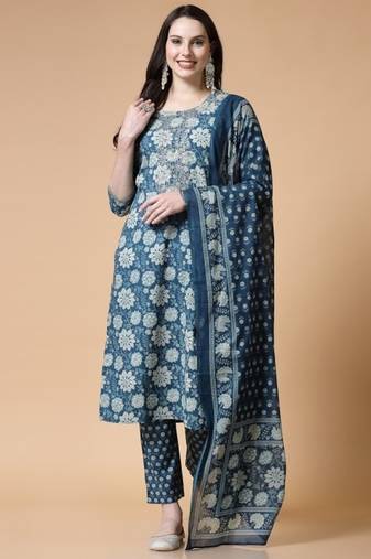 Blue printed & handwork kurta, pant & dupatta set