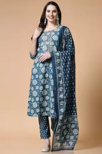 Blue printed & handwork kurta, pant & dupatta set
