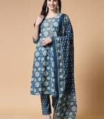 Blue printed & handwork kurta, pant & dupatta set