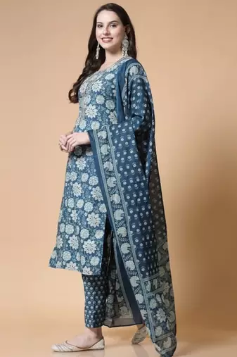 Blue printed & handwork kurta, pant & dupatta set