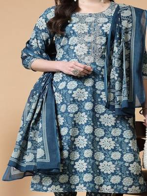 Blue printed & handwork kurta, pant & dupatta set 3