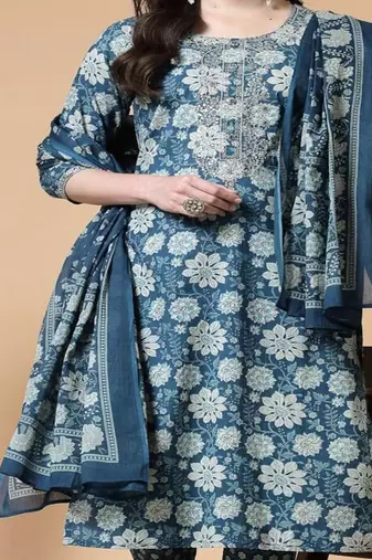 Blue printed & handwork kurta, pant & dupatta set