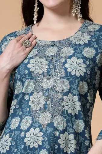 Blue printed & handwork kurta, pant & dupatta set