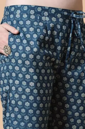 Blue printed & handwork kurta, pant & dupatta set
