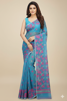 aqua blue cotton silk jamdani saree with motifs 5