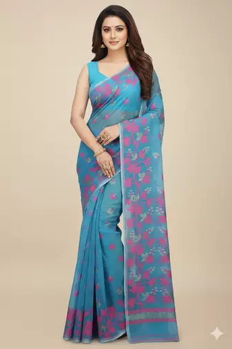 aqua blue cotton silk jamdani saree with motifs