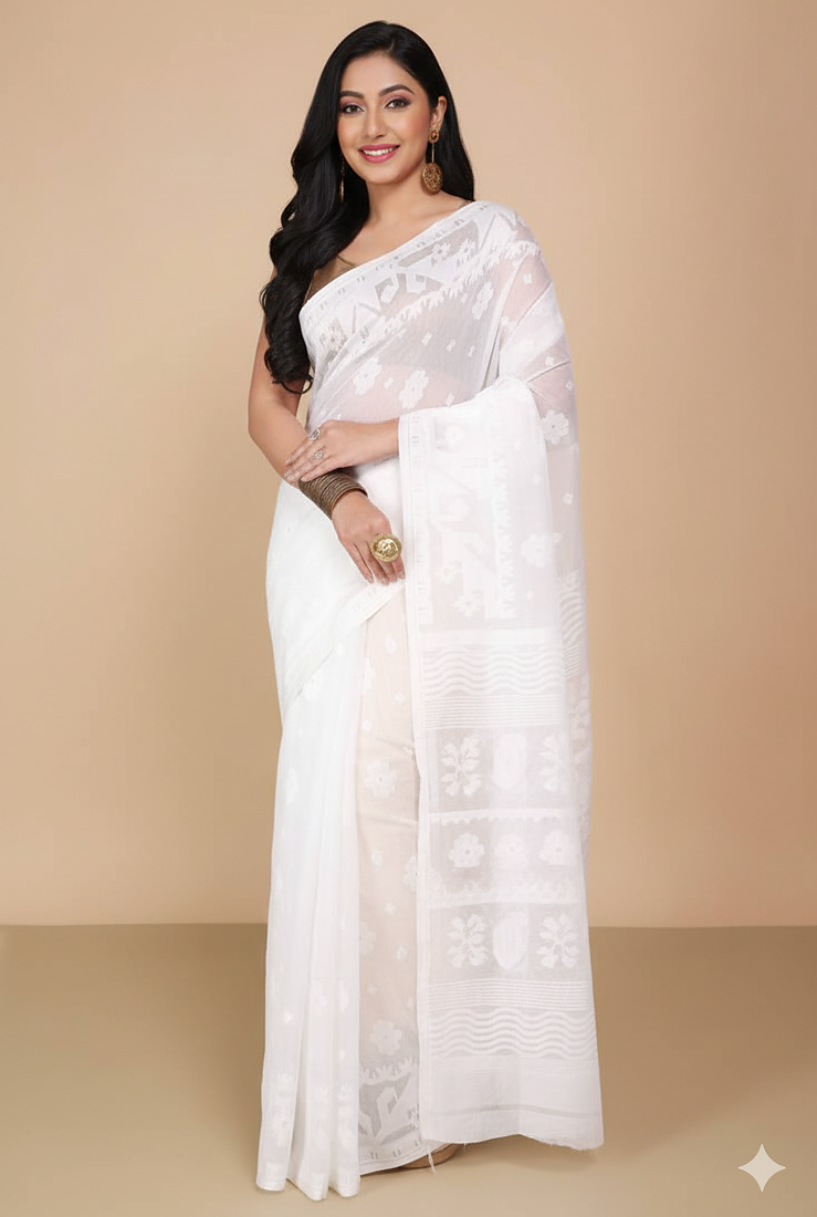 White Cotton Silk Dhakai Soft Jamdani Sarees without blouse