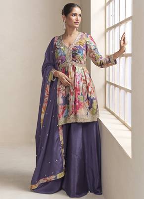 Violet chinon embroiedered palazzo suit 1