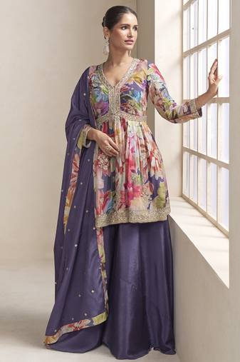 Violet chinon embroiedered palazzo suit