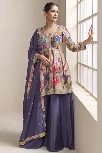 Violet chinon embroiedered palazzo suit