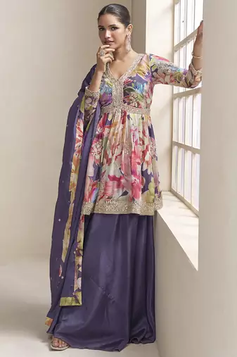 Violet chinon embroiedered palazzo suit