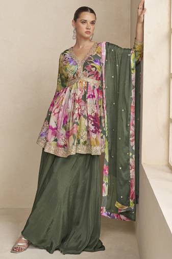 Mahendi chinon embroiedered palazzo suit