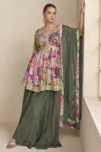 Mahendi chinon embroiedered palazzo suit