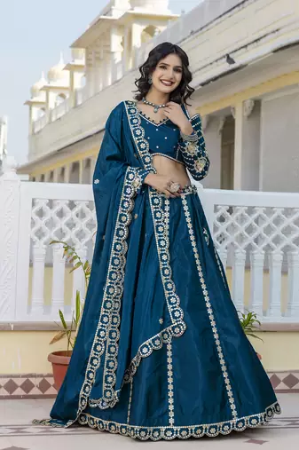 Teal Blue embroidered lehenga choli with dupatta