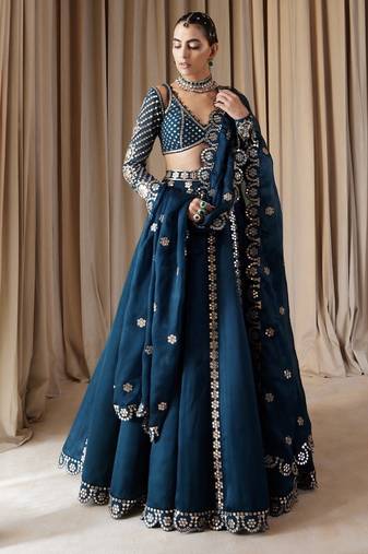 Teal Blue embroidered lehenga choli with dupatta