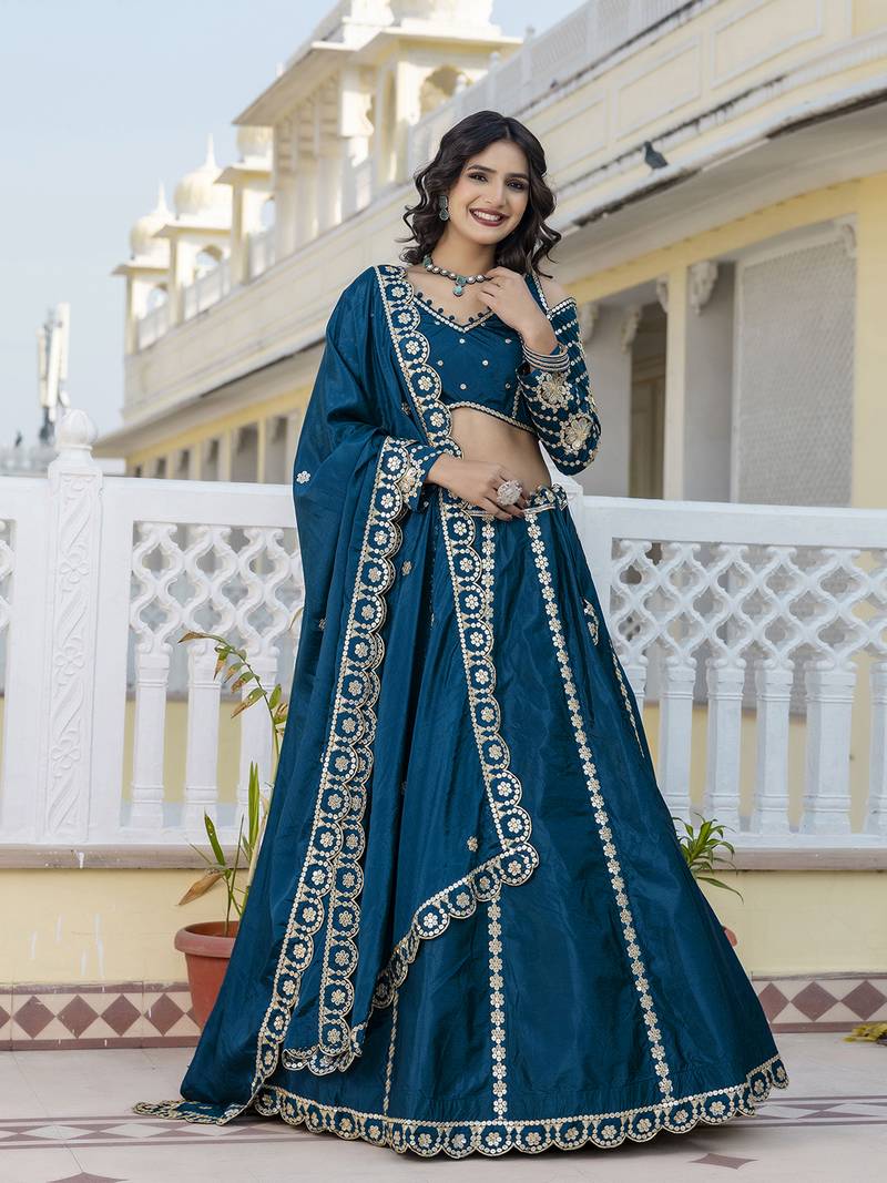 Trendmalls Teal Blue embroidered lehenga choli with dupatta