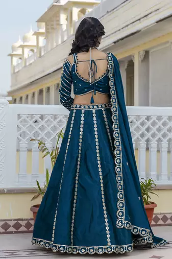Trendmalls Teal Blue embroidered lehenga choli with dupatta