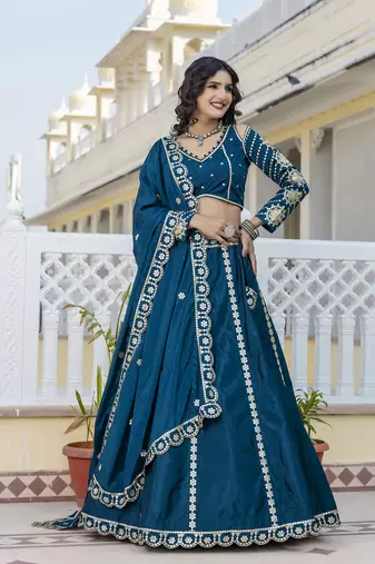 Trendmalls Teal Blue embroidered lehenga choli with dupatta