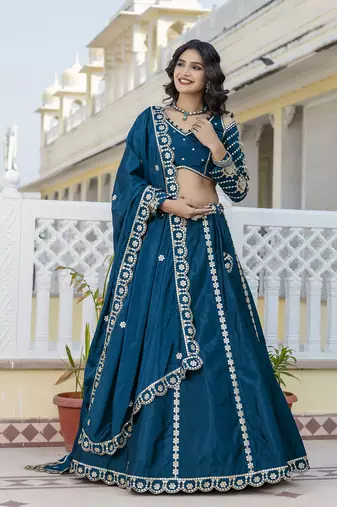 Trendmalls Teal Blue embroidered lehenga choli with dupatta