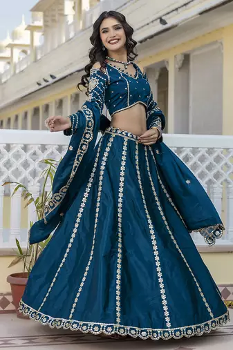 Trendmalls Teal Blue embroidered lehenga choli with dupatta