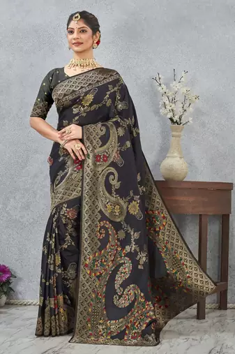 black color banarasi silk blend meenakari work saree with blouse