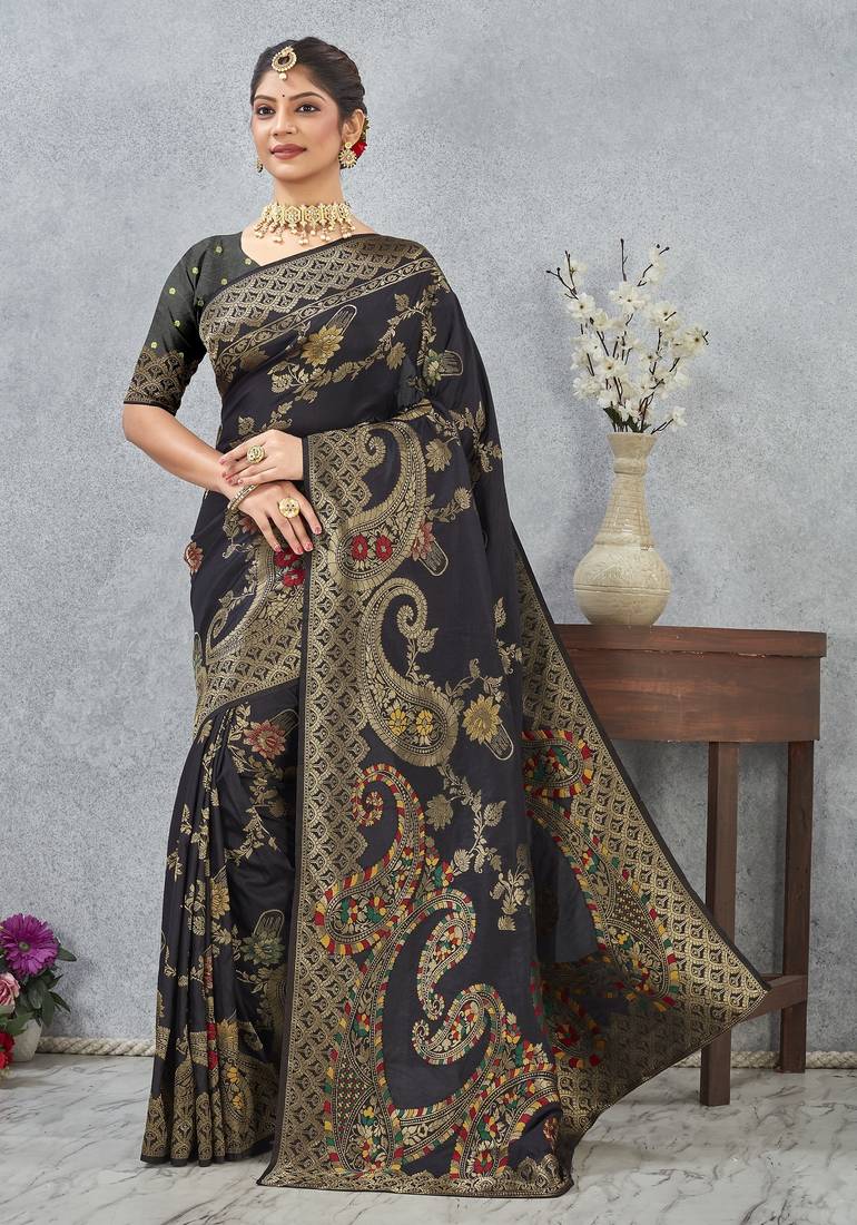 black color banarasi silk blend meenakari work saree with blouse